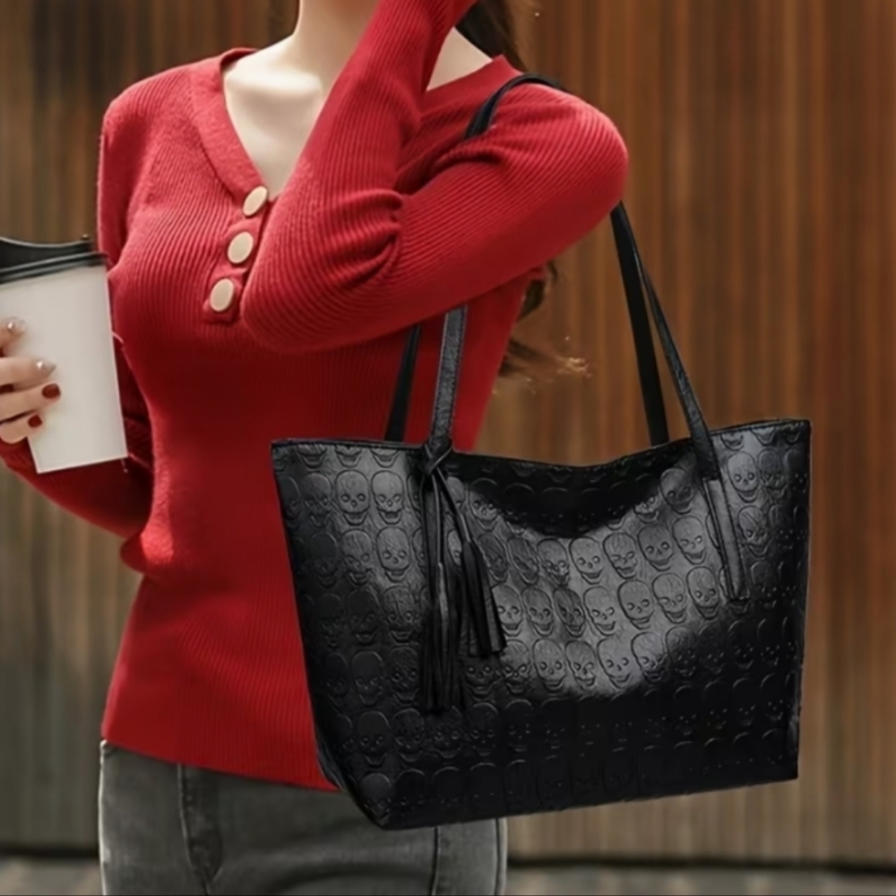 Women's PU Leather Skull Gothic Style Tasse Large Capacity Tote Shoulder Purse - Picture 6 of 10